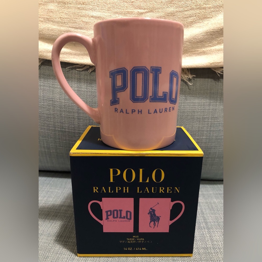 NWT Ralph Lauren Pink Coffee Mug with Blue POLO Logo